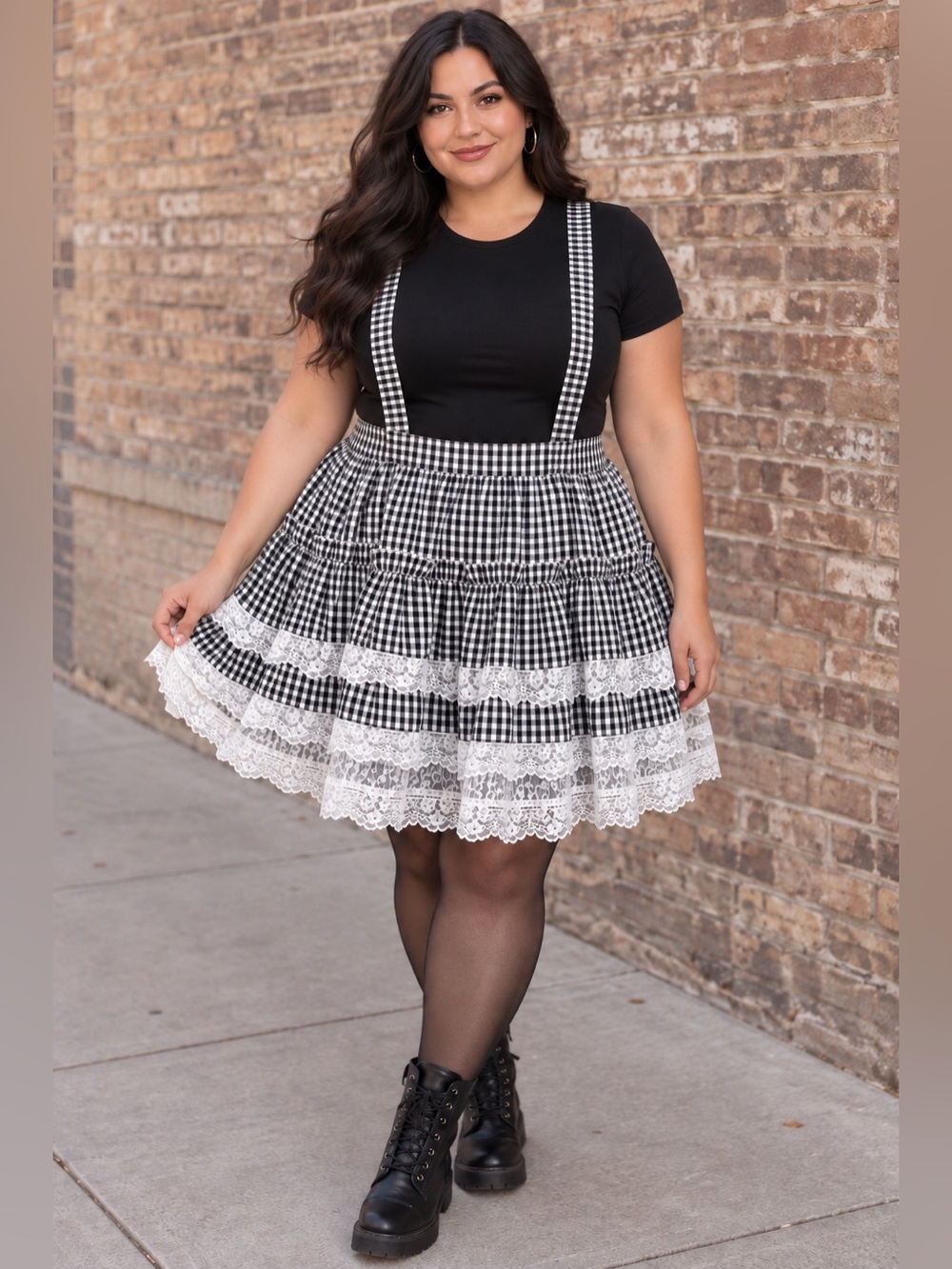 NWT Hot Topic Thorn & Fable Black White Gingham Lace Suspender Skirt, Goth, 5